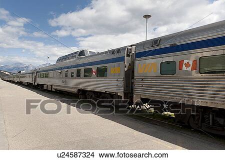 Picture - VIA train at Jasper Heritage Railway Station, Jasper National Park, Alberta, Canada. Fotosearch