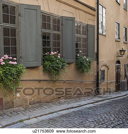 Stock Photo - Window boxes on the windows of building, Gamla Stan, Stockholm, Sweden. Fotosearch