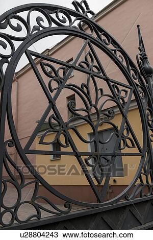 Stock Image - Wrought iron gate at Grand Choral Synagogue, St. Petersburg, Russia. Fotosearch