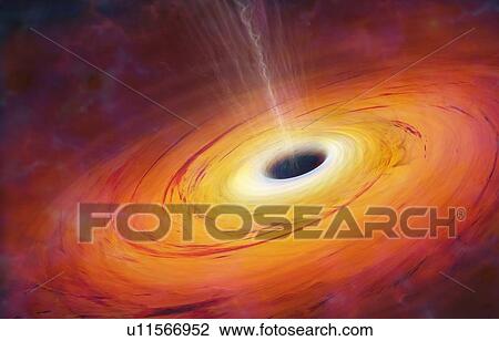 Stock Image - A black hole is an object so compact that nothing can escape its gravitational pull. Not even light. On Earth an object needs to be launched with a speed of 11 km/s if it is to escape the planet's gravity and go into orbit. But the escape velocity of a bl. Fotosearch