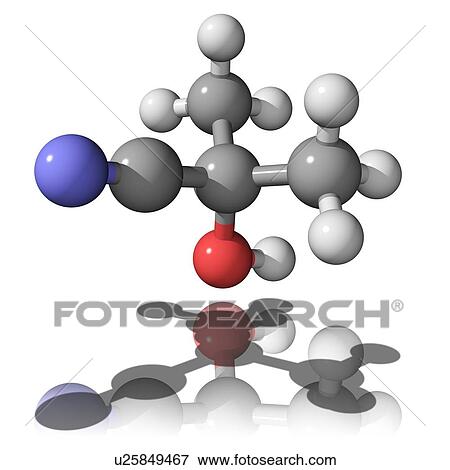 Stock Photo - Acetone cyanohydrin, molecular model. Acetone cyanohydrin is used in the production of plastics. Atoms are represented as spheres and are colour-coded: carbon (grey), hydrogen (white), oxygen (red) and nitrogen (blue).. Fotosearch