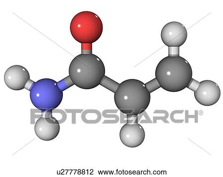 Stock Image - Acrylamide, molecular model. Acrylamide is used for the production of polyacrylamide, a thickener and substrate in gel electrophoresis. Atoms are represented as spheres and are colour-coded: carbon (grey), hydrogen (white), oxygen (red) and nitrogen (blue. Fotosearch