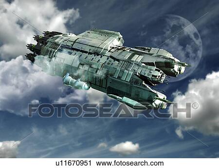 Stock Image - Alien invasion. Computer artwork of a spacecraft in Earth's sky.. Fotosearch