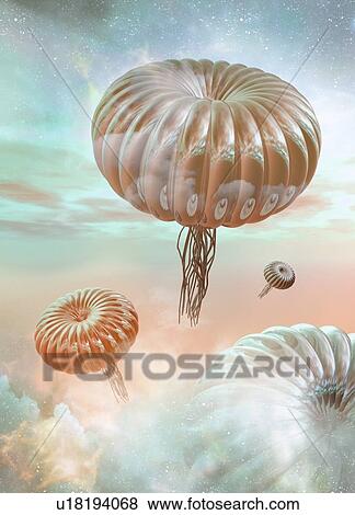 Stock Photo - Alien life forms. Computer artwork of floating alien life forms in the clouds of Jupiter.. Fotosearch