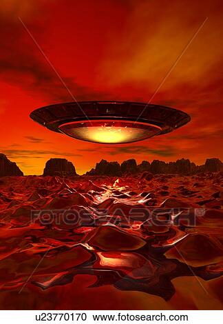 Stock Image - Alien spacecraft over an alien planet, computer artwork.. Fotosearch