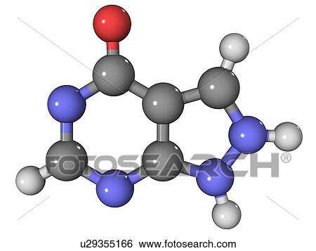 Allopurinol, molecular model. This drug reduces the level of uric acid in the body. The accumulation of uric acid crystals in the joints is known as gout. Atoms are represented as spheres and are colour-coded: carbon (grey), hydrogen (white), nitrogen (bl View Large Photo Image Stock Photograph - Allopurinol, molecular model. This drug reduces the level of uric acid in the body. The accumulation of uric acid crystals in the joints is known as gout. Atoms are represented as spheres and are colour-coded: carbon (grey), hydrogen (white), nitrogen (bl. Fotosearch
