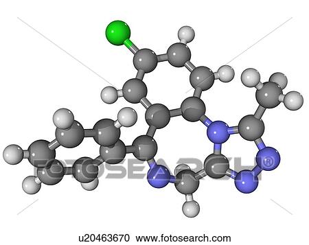 Stock Image - Alprazolam, molecular model. This sedative drug is marketed as Xanax. Atoms are represented as spheres and are colour-coded: carbon (grey), hydrogen (white), nitrogen (blue) and chlorine (green).. Fotosearch