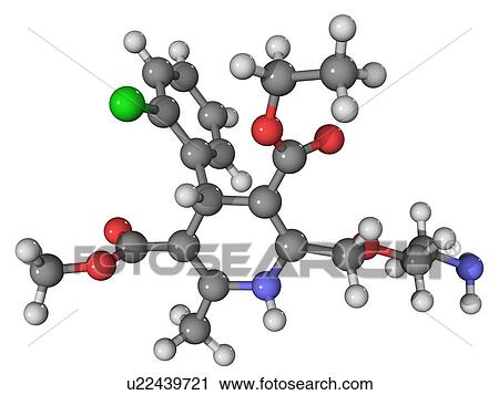 Stock Image - Amlodipine, molecular model. This hypertension (high blood pressure) drug is marketed as Istin. Atoms are represented as spheres and are colour-coded: carbon (grey), hydrogen (white), oxygen (red), nitrogen (blue) and chlorine (green).. Fotosearch