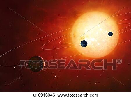 Stock Photograph - Artwork of a hypothetical planetary system around a sun-like star. The planetary system includes rocky and gaseous planets in tight orbits.. Fotosearch