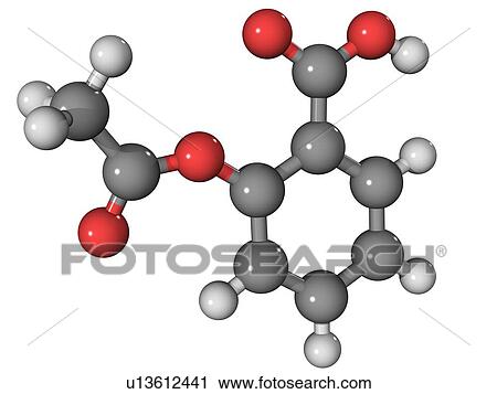 Stock Image - Aspirin, molecular model. Aspirin (acetylsalicylic acid) is an analgesic (painkiller) drug. Atoms are represented as spheres and are colour-coded: carbon (grey), hydrogen (white) and oxygen (red).. Fotosearch