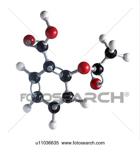 Stock Photography - Aspirin molecule. Atoms are represented as spheres and are colour-coded: carbon (black), hydrogen (white) and oxygen (red).. Fotosearch