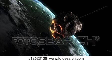 Stock Photo - Asteroid approaching Earth. Computer artwork of an asteroid entering Earth's atmosphere.. Fotosearch
