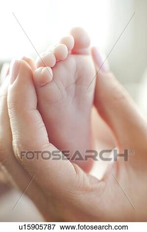 Stock Photo - Baby's foot. Mother holding her 2 month old baby's foot.. Fotosearch