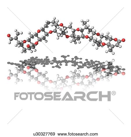 Stock Photo - Brevetoxin, molecular model. This neurotoxin is produced by the marine protozoan (Karenia brevis). Atoms are represented as spheres and are colour-coded: carbon (grey), hydrogen (white) and oxygen (red).. Fotosearch