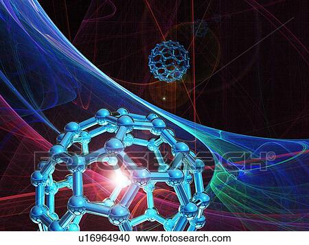 Stock Image - Buckyball molecules, computer artwork.. Fotosearch