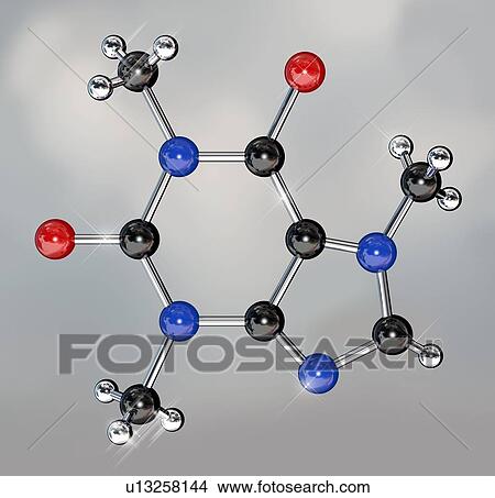 Caffeine, molecular model. Atoms are represented as spheres and are colour-coded: carbon (black), hydrogen (silver), nitrogen (blue) and oxygen (red). View Large Photo Image Picture - Caffeine, molecular model. Atoms are represented as spheres and are colour-coded: carbon (black), hydrogen (silver), nitrogen (blue) and oxygen (red).. Fotosearch