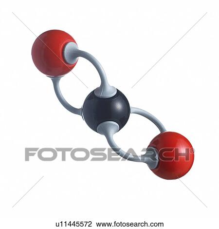 Stock Image - Carbon dioxide molecule. Atoms are represented as spheres and are colour-coded: carbon (black) and oxygen (red).. Fotosearch