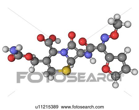 Stock Photo - Cefuroxime antibiotic, molecular model. Atoms are represented as spheres and are colour-coded: carbon (grey), hydrogen (white), nitrogen (blue), oxygen (red) and sulphur (yellow).. Fotosearch