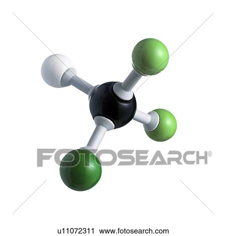 Stock Image - CFC molecule. Model of a molecule of chlorodifluoromethane. Atoms are represented as spheres and are colour-coded: carbon (black), hydrogen (white), chlorine (dark green) and fluorine (light green).. Fotosearch