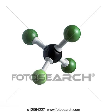 Stock Photo - CFC molecule. Model of a molecule of trichlorofluoromethane. Atoms are represented as spheres and are colour-coded: carbon (black), chlorine (dark green) and fluorine (light green).. Fotosearch
