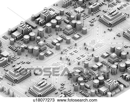 Stock Image - Circuit board. Computer artwork depicting city scape made of electronic circuits.. Fotosearch