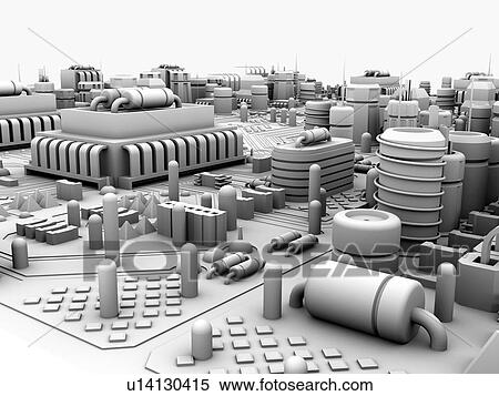 Stock Photography - Circuit board. Computer artwork depicting city scape made of electronic circuits.. Fotosearch