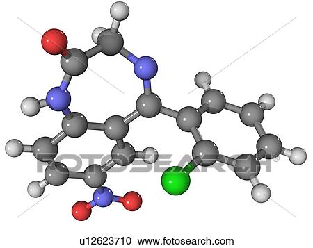 Stock Image - Clonazepam drug molecule. This is a benzodiazepine drug is used to treat panic and anxiety disorders and epilepsy. Atoms are represented as spheres and are colour-coded: carbon (grey), hydrogen (white), nitrogen (blue), oxygen (red) and chlorine (green).. Fotosearch