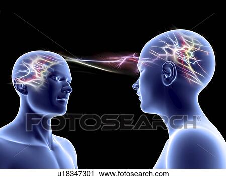Stock Image - Communication. Conceptual computer artwork representing communication, showing one person conveying a thought (light) to another. This could also represent telepathy and mirror neurons social interactions.. Fotosearch