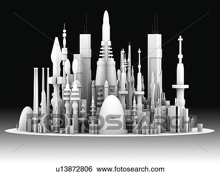 Stock Photograph - Computer artwork depicting a futuristic cityscape or fictional town and skyline.. Fotosearch