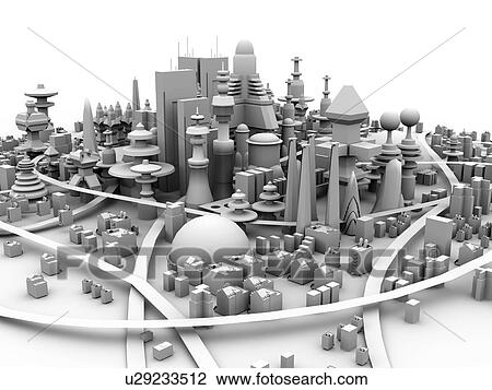 Stock Image - Computer artwork of a future town.. Fotosearch