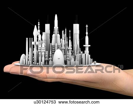 Stock Image - Computer artwork of a hand holding a model of a futurist town.. Fotosearch