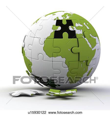 Stock Image - Conceptual computer artwork representing a globe built of puzzle pieces.. Fotosearch
