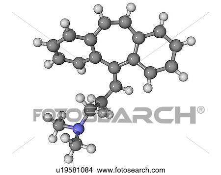 Cyclobenzaprine muscle relaxant, molecular model. Atoms are represented as spheres and are colour-coded: carbon (grey), hydrogen (white) and nitrogen (blue). View Large Photo Image Picture - Cyclobenzaprine muscle relaxant, molecular model. Atoms are represented as spheres and are colour-coded: carbon (grey), hydrogen (white) and nitrogen (blue).. Fotosearch