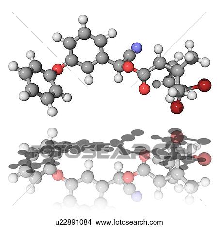 Picture - Deltamethrin pesticide, molecular model. Atoms are represented as spheres and are colour-coded: carbon (grey), hydrogen (white), oxygen (red) and nitrogen (blue).. Fotosearch