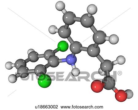 Diclofenac. Molecular model of the non-steroidal anti-inflammatory (NSAID) drug diclofenac. Atoms are represented as spheres and are colour-coded: carbon (grey), hydrogen (white), nitrogen (blue), oxygen (red) and chlorine (green). View Large Photo Image Stock Image - Diclofenac. Molecular model of the non-steroidal anti-inflammatory (NSAID) drug diclofenac. Atoms are represented as spheres and are colour-coded: carbon (grey), hydrogen (white), nitrogen (blue), oxygen (red) and chlorine (green).. Fotosearch