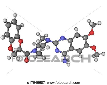 Stock Photo - Doxazosin, molecular model. This alpha-blocker drug is used to treat hypertension (high blood pressure). Atoms are represented as spheres and are colour-coded: carbon (grey), hydrogen (white), nitrogen (blue) and oxygen (red).. Fotosearch