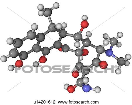 Stock Image - Doxycycline antibiotic, molecular model. Atoms are represented as spheres and are colour-coded: carbon (grey), hydrogen (white), nitrogen (dark blue) and oxygen (red).. Fotosearch