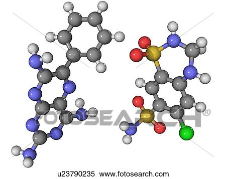 Stock Photography - Dyazide, molecular model. This is a diuretic drug used to treat hypertension (high blood pressure) and oedema (water retention). Atoms are represented as spheres and are colour-coded: carbon (grey), hydrogen (white), nitrogen (blue), oxygen (red), sulphur. Fotosearch