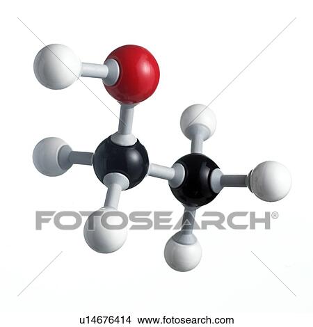 Picture - Ethanol molecule. Atoms are represented as spheres and are colour-coded: carbon (black), hydrogen (white) and oxygen (red).. Fotosearch