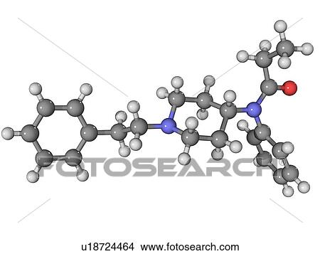 Picture - Fentanyl, molecular model. This analgesic (painkiller) drug is 100 times more potent than morphine. Atoms are represented as spheres and are colour-coded: carbon (grey), hydrogen (white), oxygen (red) and nitrogen (blue).. Fotosearch