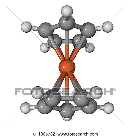 Stock Image - Ferrocene, molecular model. The shape of this organometallic compound has led it and related compounds to be known as sandwich compounds. Atoms are represented as spheres and are colour-coded: carbon (grey), hydrogen (white) and iron (orange).. Fotosearch