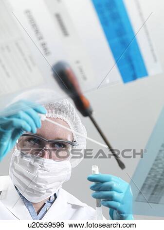 Stock Photograph - Forensic science. Forensic scientist taking a DNA (deoxyribonucleic acid) sample from a screwdriver.. Fotosearch