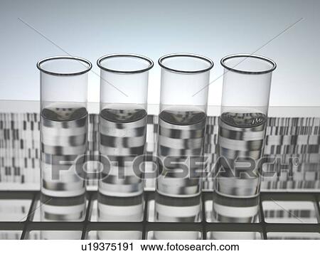 Stock Image - Genetic research. Test tubes sitting in front of a DNA (deoxyribonucleic acid) autoradiogram.. Fotosearch