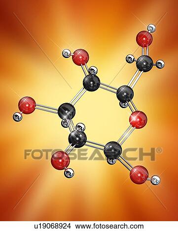 Glucose sugar, molecular model. Atoms are represented as spheres and are colour-coded: carbon (black), hydrogen (silver) and oxygen (red). View Large Photo Image Picture - Glucose sugar, molecular model. Atoms are represented as spheres and are colour-coded: carbon (black), hydrogen (silver) and oxygen (red).. Fotosearch