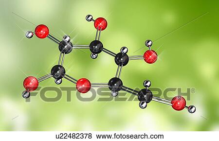 Stock Photo - Glucose sugar, molecular model. Atoms are represented as spheres and are colour-coded: carbon (black), hydrogen (silver) and oxygen (red).. Fotosearch