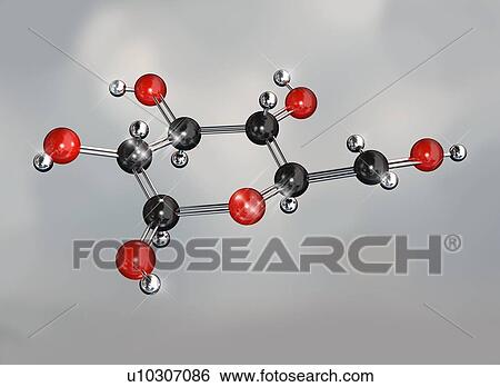 Glucose sugar, molecular model. Atoms are represented as spheres and are colour-coded: carbon (black), hydrogen (silver) and oxygen (red). View Large Photo Image Stock Photograph - Glucose sugar, molecular model. Atoms are represented as spheres and are colour-coded: carbon (black), hydrogen (silver) and oxygen (red).. Fotosearch