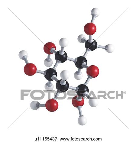 Stock Photo - Glucose sugar molecule. This is the ring structure. Atoms are represented as spheres and are colour-coded: carbon (black), hydrogen (white) and oxygen (red).. Fotosearch