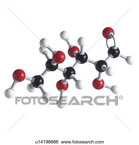Stock Photograph - Glucose sugar molecule. This is the open structure. Atoms are represented as spheres and are colour-coded: carbon (black), hydrogen (white) and oxygen (red).. Fotosearch