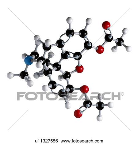 Stock Photograph - Heroin drug molecule. Atoms are represented as spheres and are colour-coded: carbon (black), hydrogen (white), nitrogen (blue) and oxygen (red).. Fotosearch