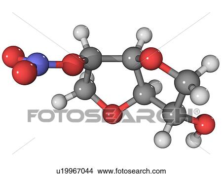 Isosorbide mononitrate, molecular model. This drug is used to treat angina. Atoms are represented as spheres and are colour-coded: carbon (grey), hydrogen (white), oxygen (red) and nitrogen (blue). View Large Photo Image Picture - Isosorbide mononitrate, molecular model. This drug is used to treat angina. Atoms are represented as spheres and are colour-coded: carbon (grey), hydrogen (white), oxygen (red) and nitrogen (blue).. Fotosearch